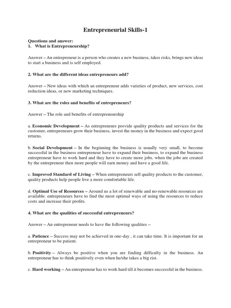 Entrepreneurial Skills-1 Class 9 Question And Answer | PDF ...