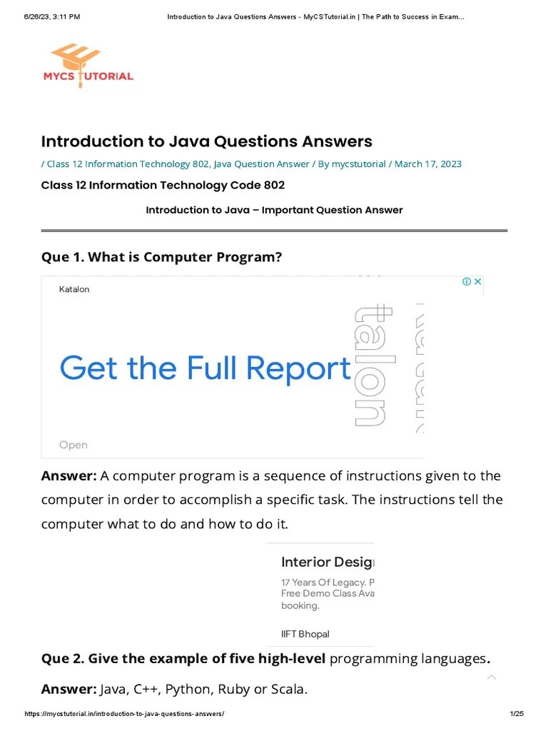 Introduction To Java Questions Answers - MyCSTutorial - In - The Path ...