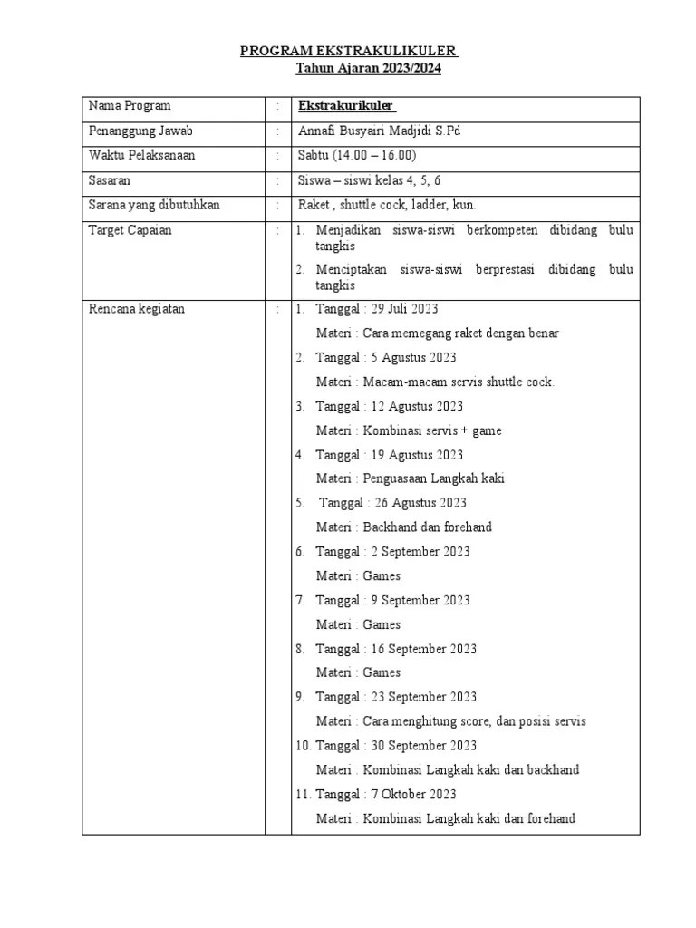 Rencana Program Ekstrakulikuler - 082206 | PDF