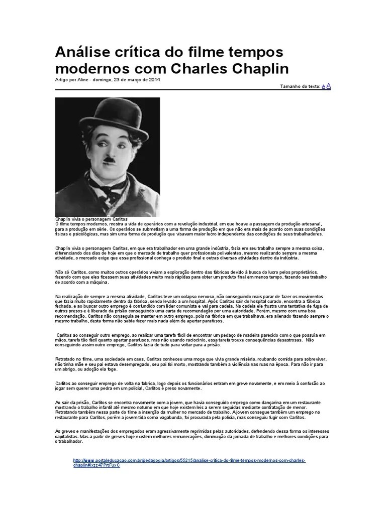 Análise Crítica Do Filme Tempos Modernos Com Charles Chaplin | PDF ...