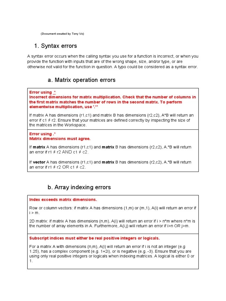 MATLAB Common Errors Guide | PDF | Matrix (Mathematics) | Parameter ...
