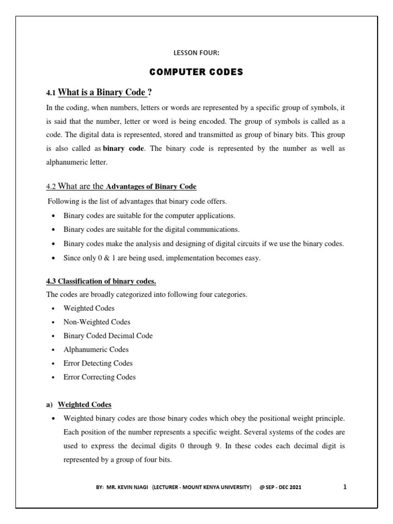 Lesson 4 Computer Codes | PDF | Binary Coded Decimal | Ebcdic