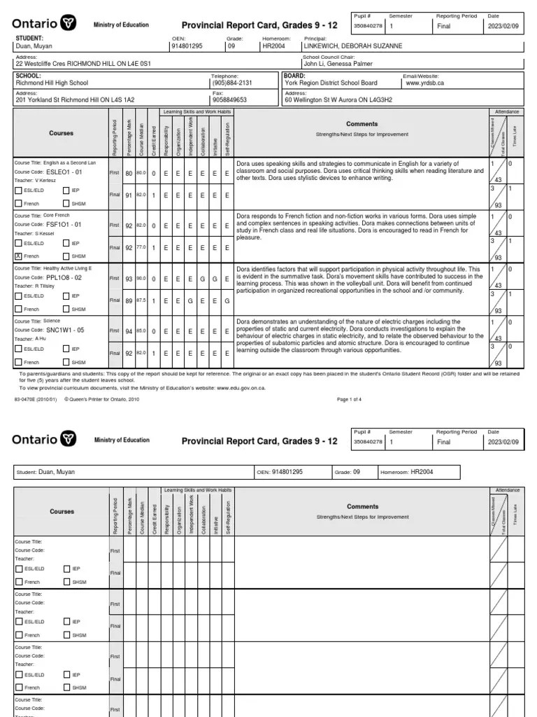 YRDSB Electronic Student Report Card - Secondary Semester 1 Report Card February 2023 914801295 ...