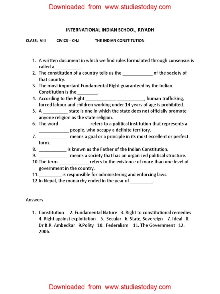 CBSE Class 8 Civics Worksheet - The Indian Constitution | PDF