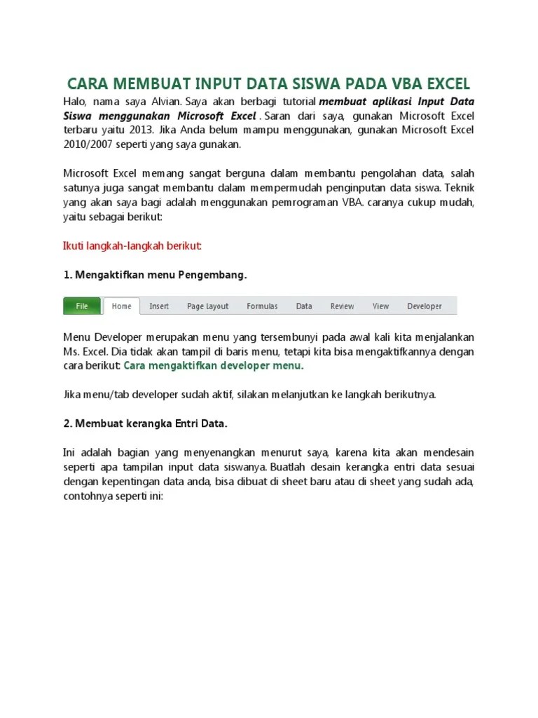 Cara Membuat Input Data Siswa Pada Vba Excel | PDF | Komputer