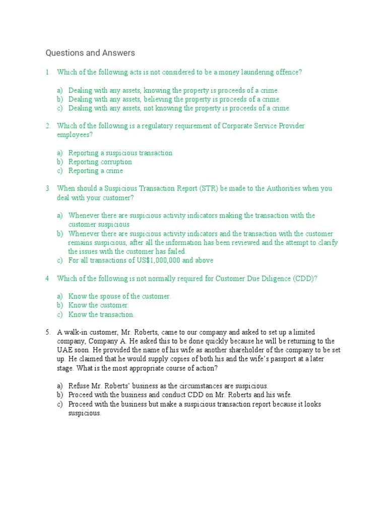 Aml CFT Questions | PDF | Money Laundering | Banks