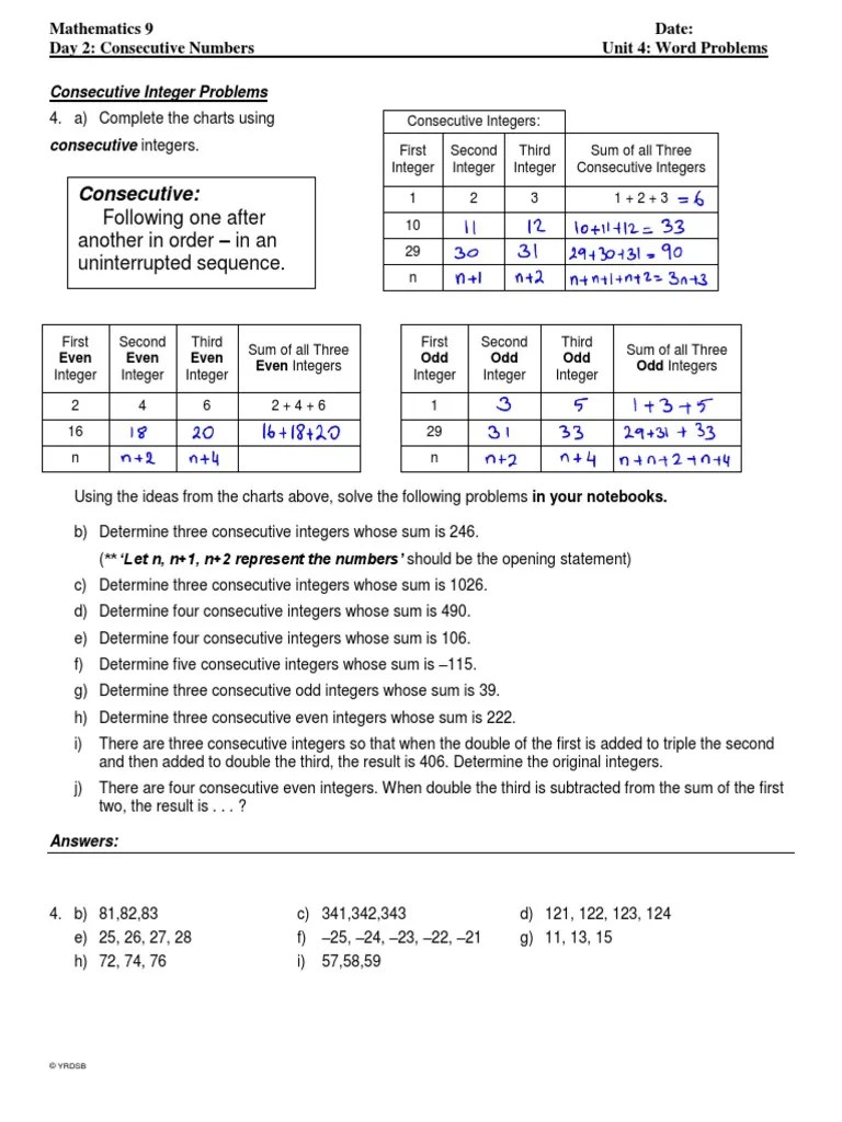 Consecutive Numbers Solutions | PDF | Integer | Arithmetic