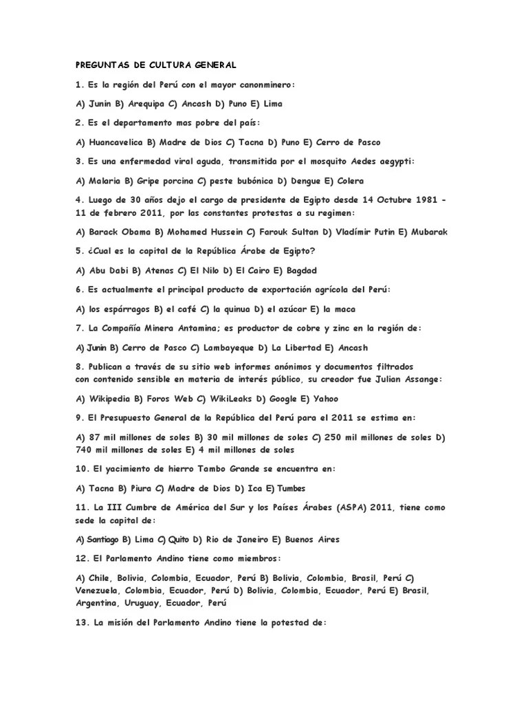 Preguntas De Cultura General | PDF | Perú | Bolivia