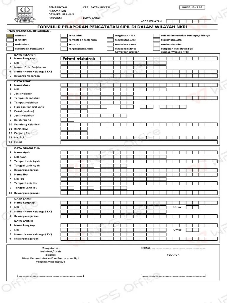 Formulir Akta Kelahiran F-2.01 | PDF