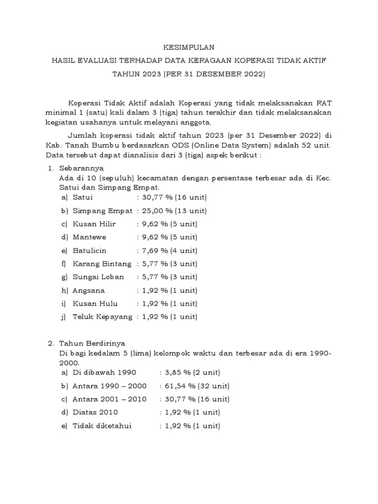 Hasil Evaluasi Terhadap Data Keragaan Koperasi Tidak Aktif Tahun 2023 | PDF