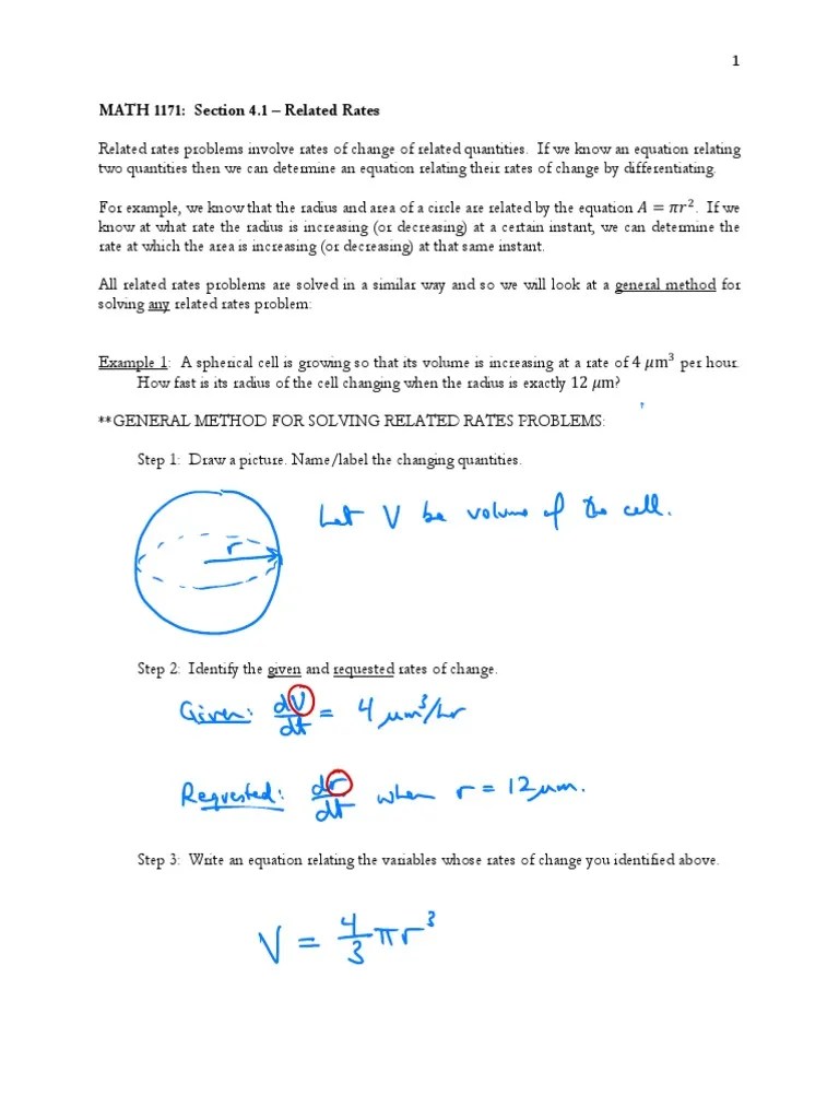 MATH 1171 Section 4.1 Notes (Related Rates) | PDF | Equations | Derivative