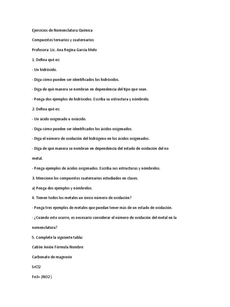 Ejercicios De Nomenclatura Química 2 | PDF | Hidróxido | Ácido