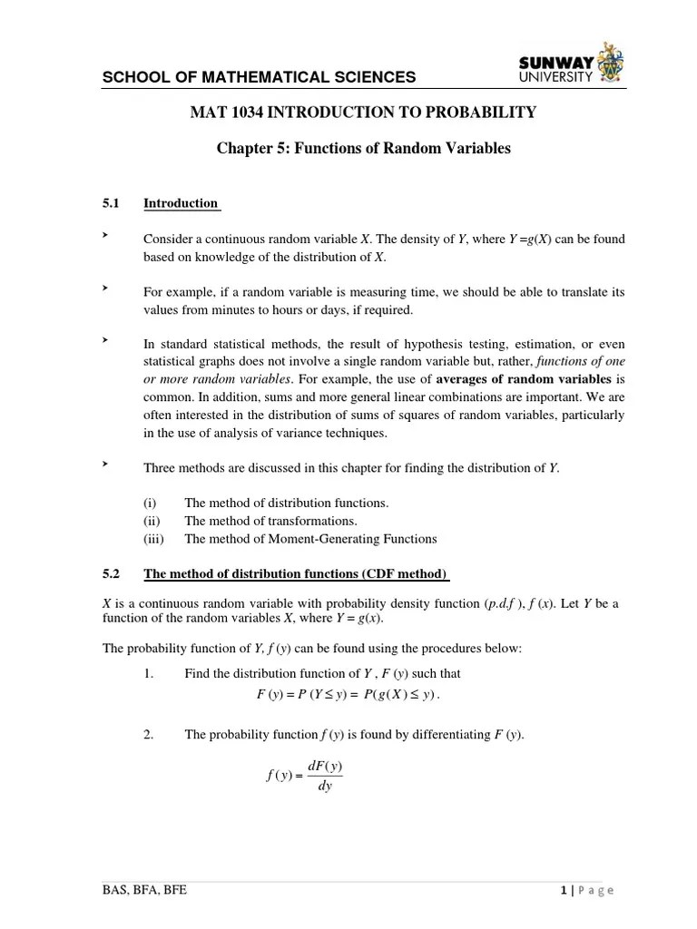 Chapter 5 - Functions Of Random Variables | PDF