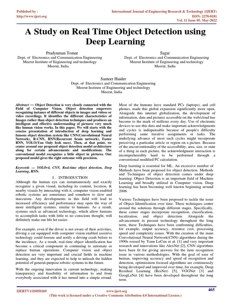 A Study On Real Time Object Detection Using Deep Learning IJERTV11IS050269 | PDF | Computer ...