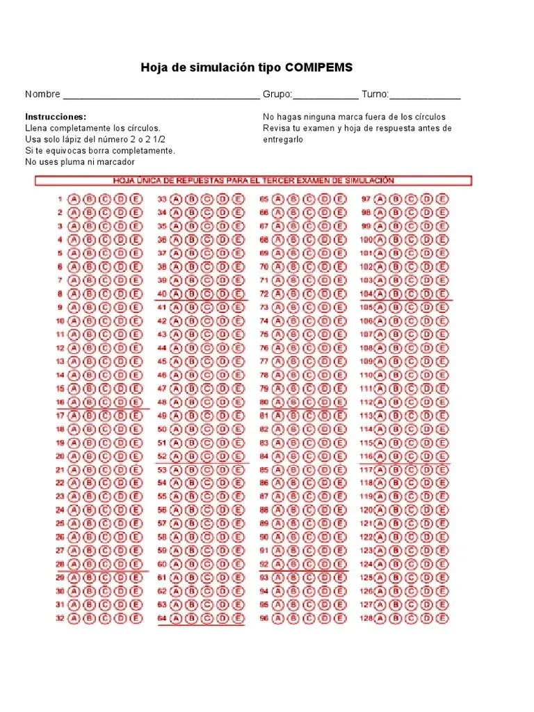 Hoja De Respuestas Simulación Tipo COMIPEMS | PDF