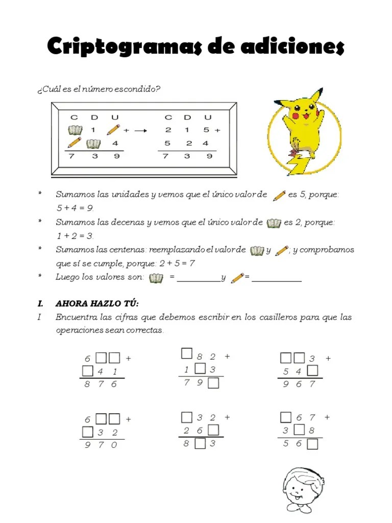 Según el diccionario, criptograma es un documento escrito en clave. Criptogramas De Adiciones Pdf