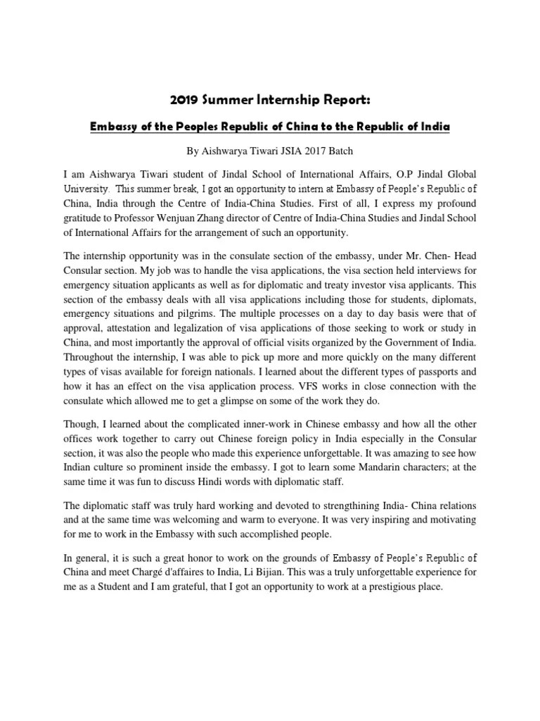 Chinese Embassy Internship Report | PDF