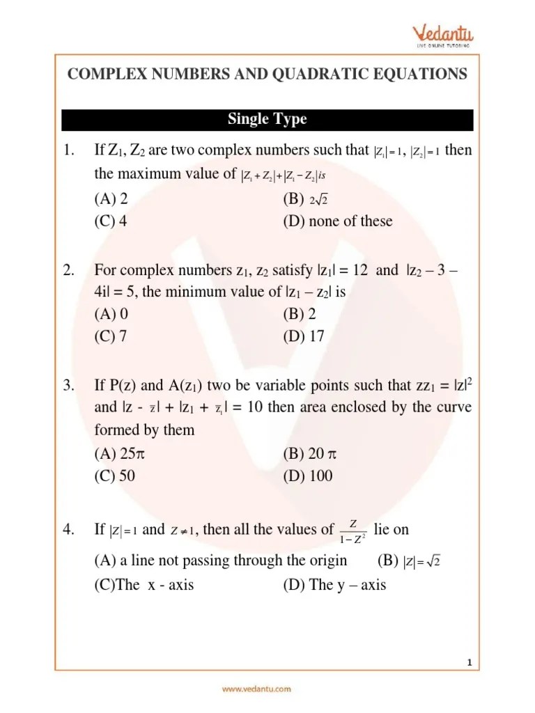 JEE Main Complex Numbers And Quadratic Equations Important Questions (2022) | PDF