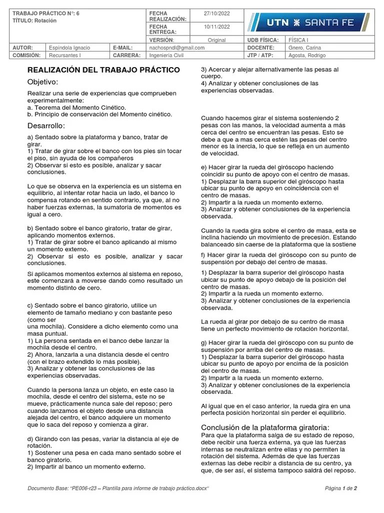 TP - Dinamica Rotacional | PDF | Giroscopio | Física Aplicada E Interdisciplinaria