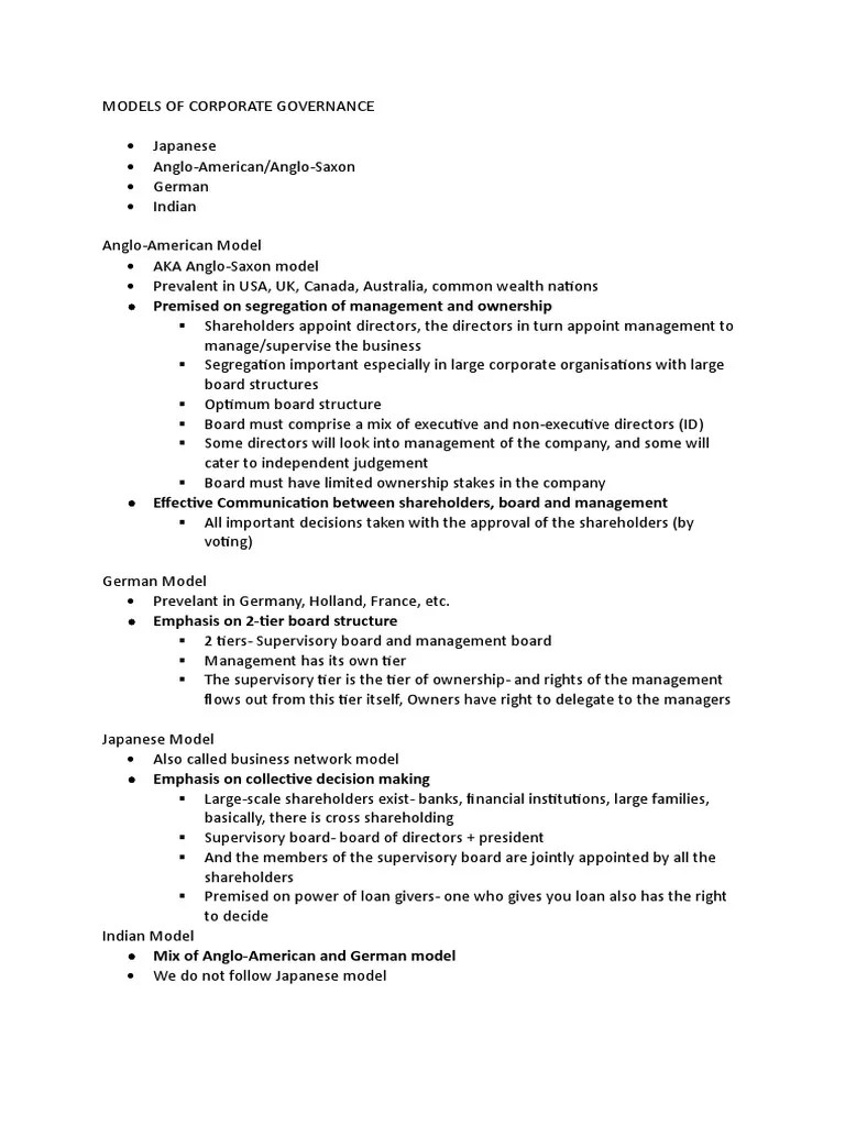 Models Of Corporate Governance | PDF | Corporate Governance | Stakeholder (Corporate)