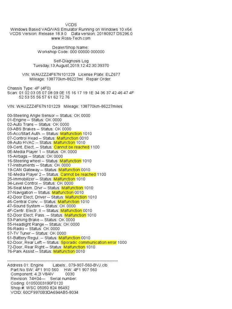 Audi A6 C6 Quattro Diagnostics Scan Results | PDF
