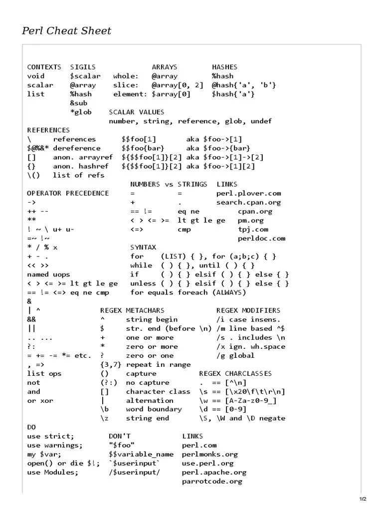 Perl Cheat Sheet | PDF | Computer Science | Computer Programming
