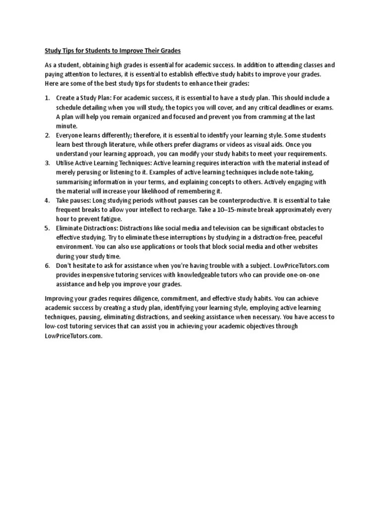 BLOG1 - Study Tips For Students To Improve Their Grades (LPT) | PDF