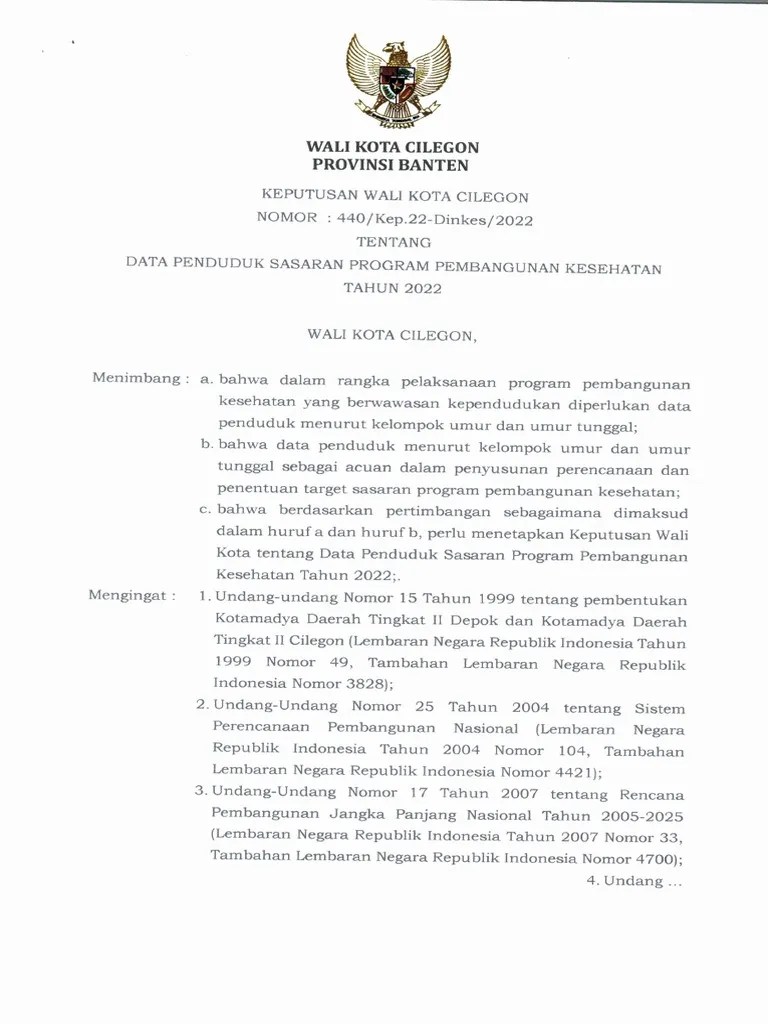 SK WALIKOTA Tentang Data Penduduk Sasaran Program Pembangunan Kesehatan Tahun 2022 | PDF