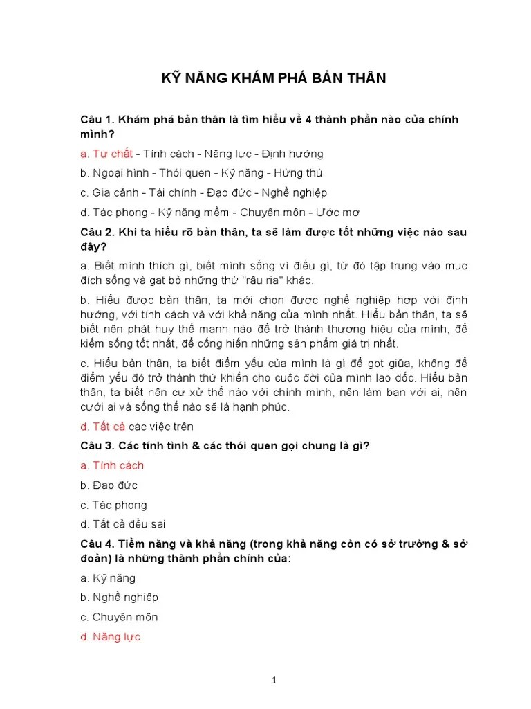 10 Test - Ky Nang Kham Pha Ban Than - 20 Câu | PDF