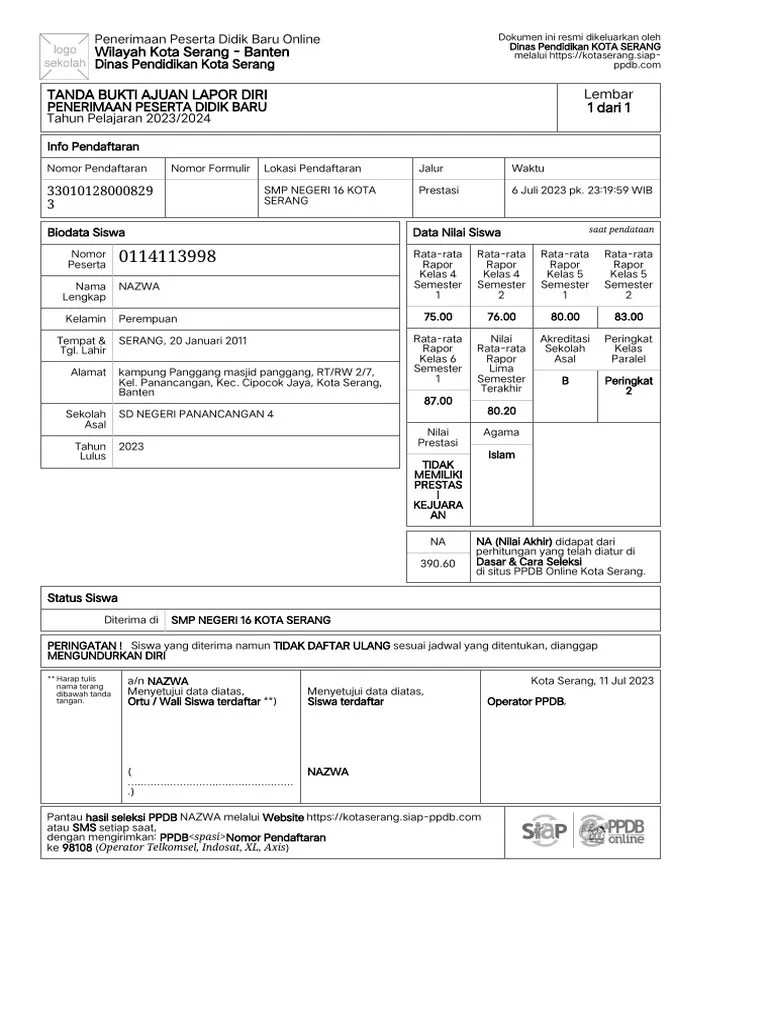 Tanda Bukti AJuan Lapor Diri - 0114113998 - NAZWA | PDF