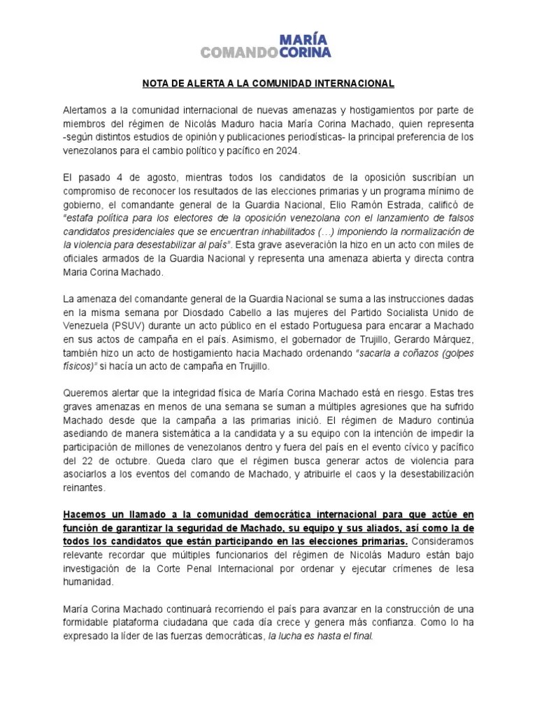 Comando De María Corina Machado Emite Alerta Internacional Ante Nuevas Amenazas Y Hostigamientos ...
