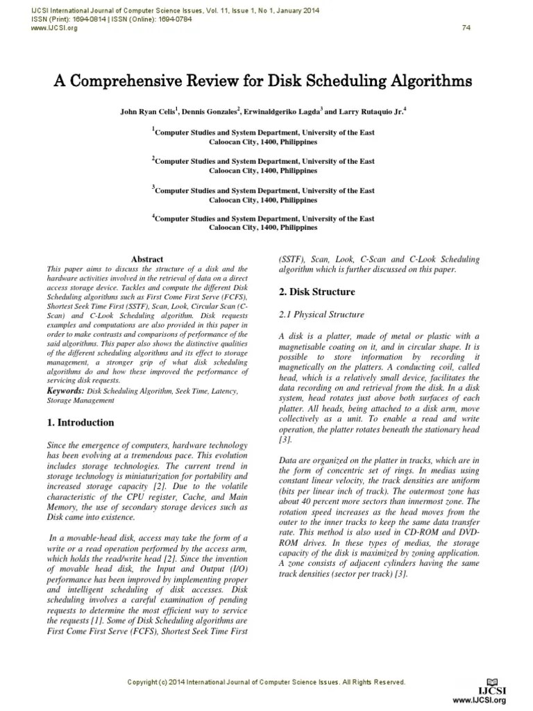 Gonzales-2014-A Comprehensive Review For Disk Scheduling Algorithms | PDF