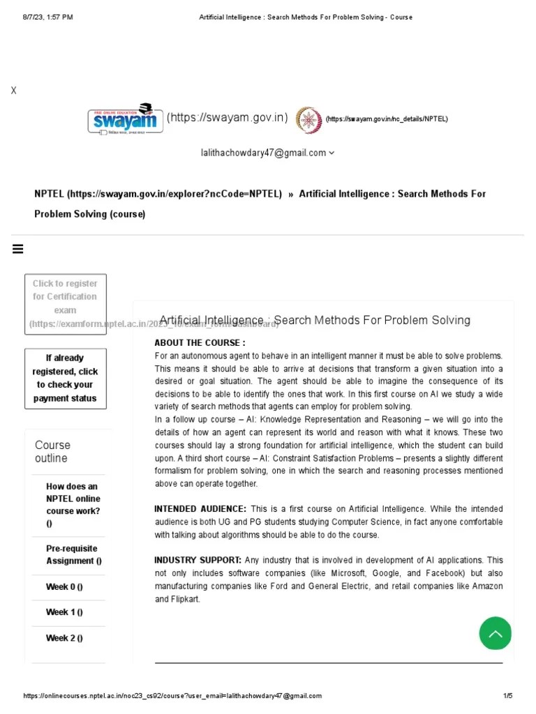 Artificial Intelligence - Search Methods For Problem Solving - Course | PDF