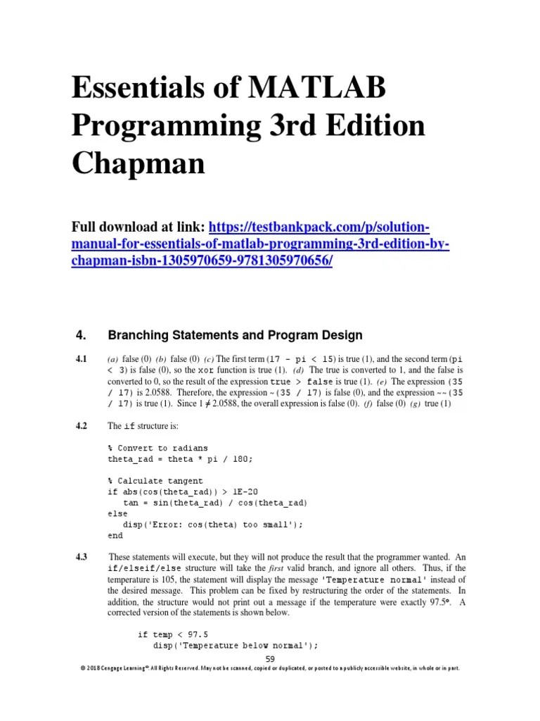 Essentials Of MATLAB Programming 3rd Edition Chapman Solutions Manual 1 ...