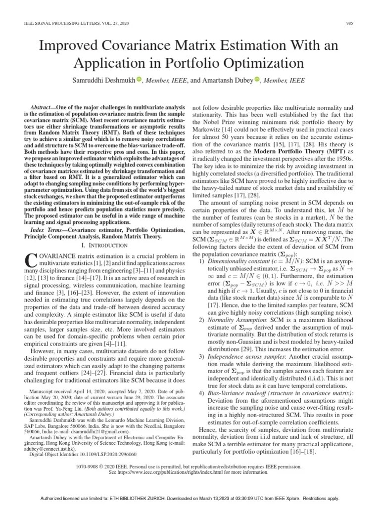 Improved Covariance Matrix Estimation With An Application In Portfolio Optimization | PDF