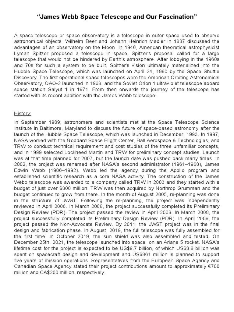 James Webb Space Telescope And Our Fascination | PDF | Observational ...