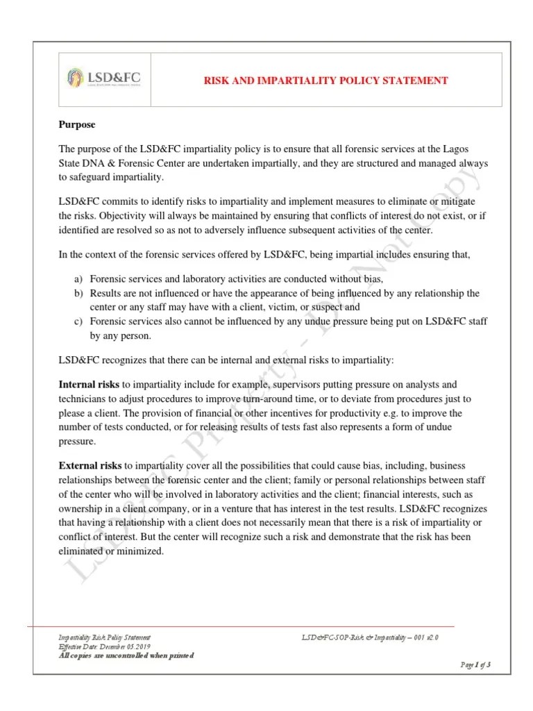 Risk And Impartiality Policy Statement LSDFC SOP 0 - 230801 - 123634 | PDF | Risk | Conflict Of ...