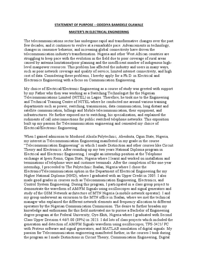 SOP For PHD Electrical Engineering | PDF | Telecommunications | Telecommunications Engineering