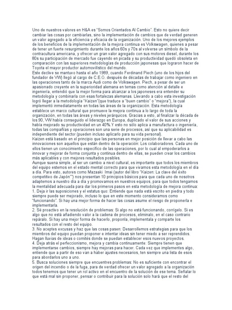 El Metodo Kaizen La Mejora Continua Es Un Tema Cultural. | PDF | Volkswagen