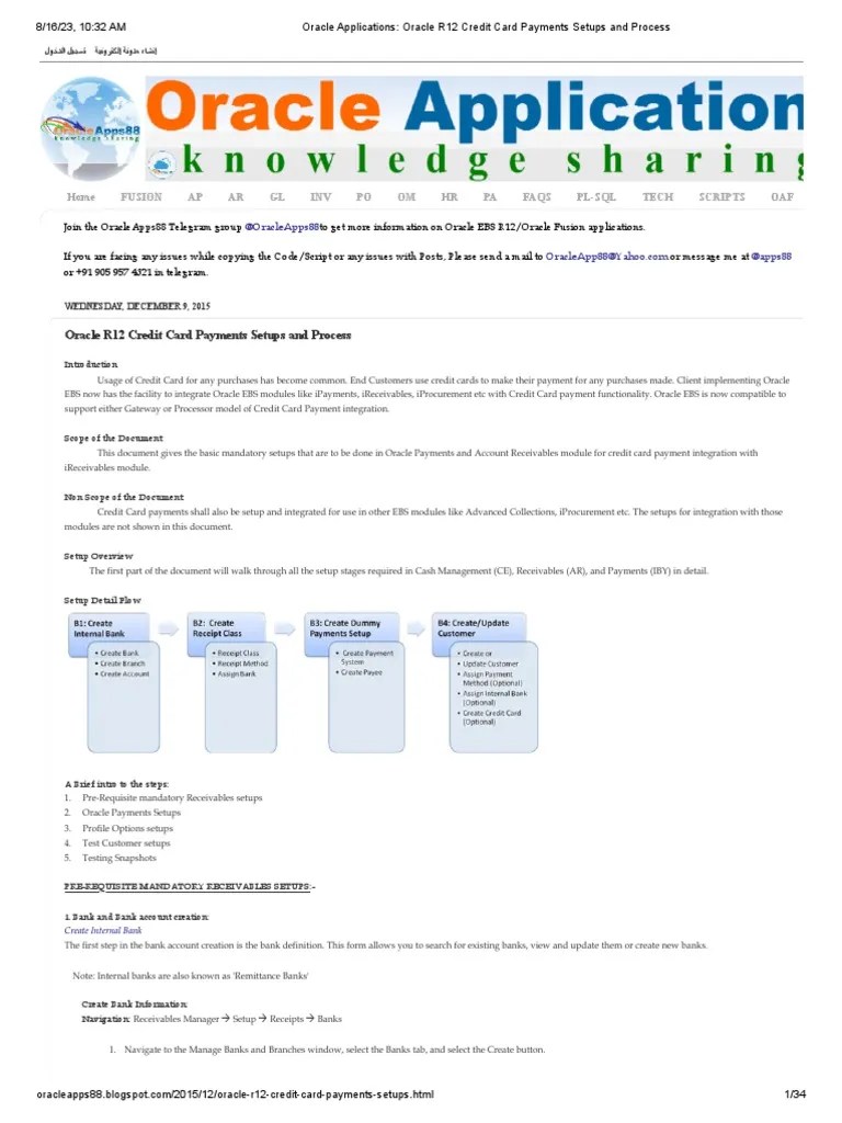 Oracle Applications - Oracle R12 Credit Card Payments Setups And ...
