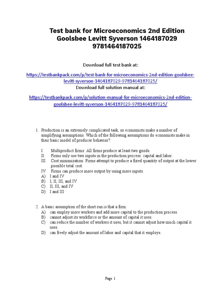 Microeconomics 2nd Edition Goolsbee Test Bank Download | PDF