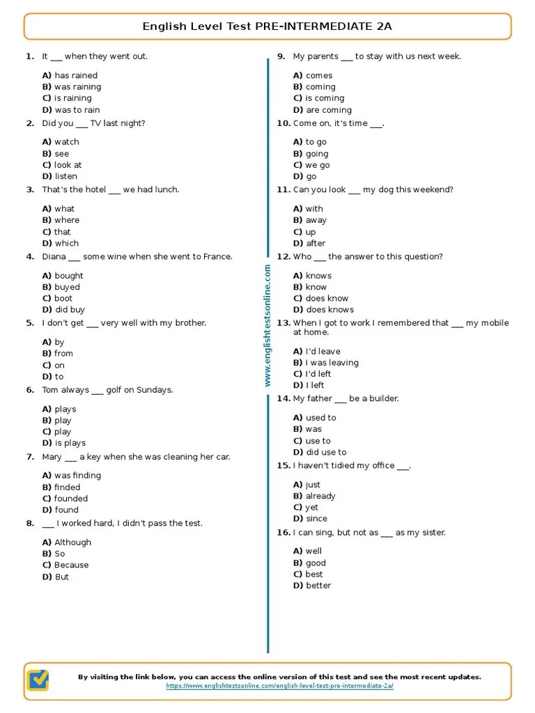 3 - English Level Test Pre Intermediate 2a | PDF