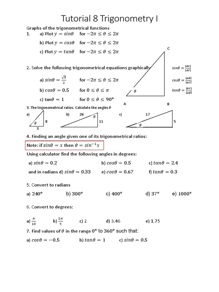 Tutorial 8 Trigonometry I 2017 | PDF