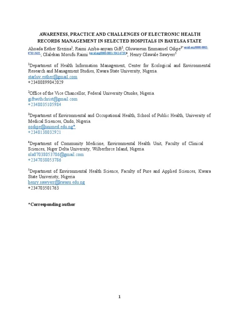 Awareness, Practice And Challenges Of Electronic Health Records Management In Selected Hospitals ...