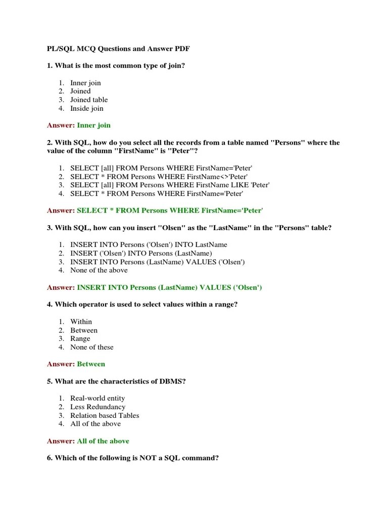 PLSQL MCQ Quiz | PDF