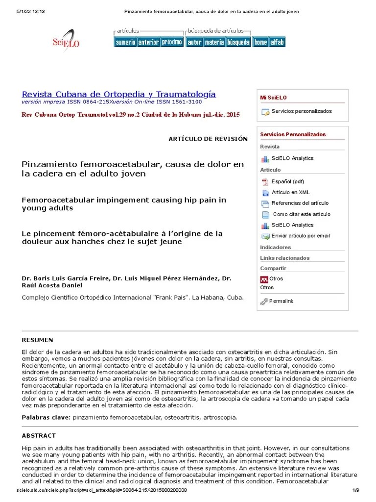 Pinzamiento Femoroacetabular, Causa De Dolor En La Cadera En El Adulto Joven | PDF