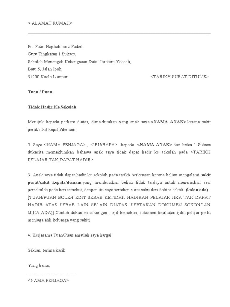 Contoh Surat Tidak Hadir Sekolah | PDF