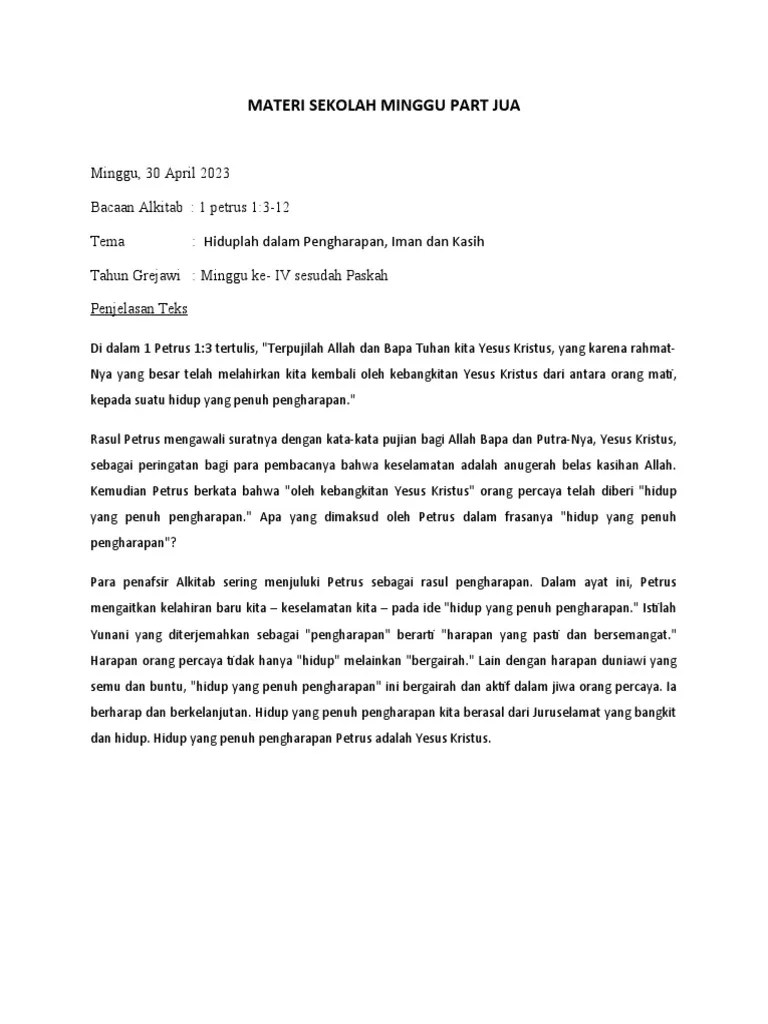 MATERI Sekolah Minggu 30 April 2023 | PDF