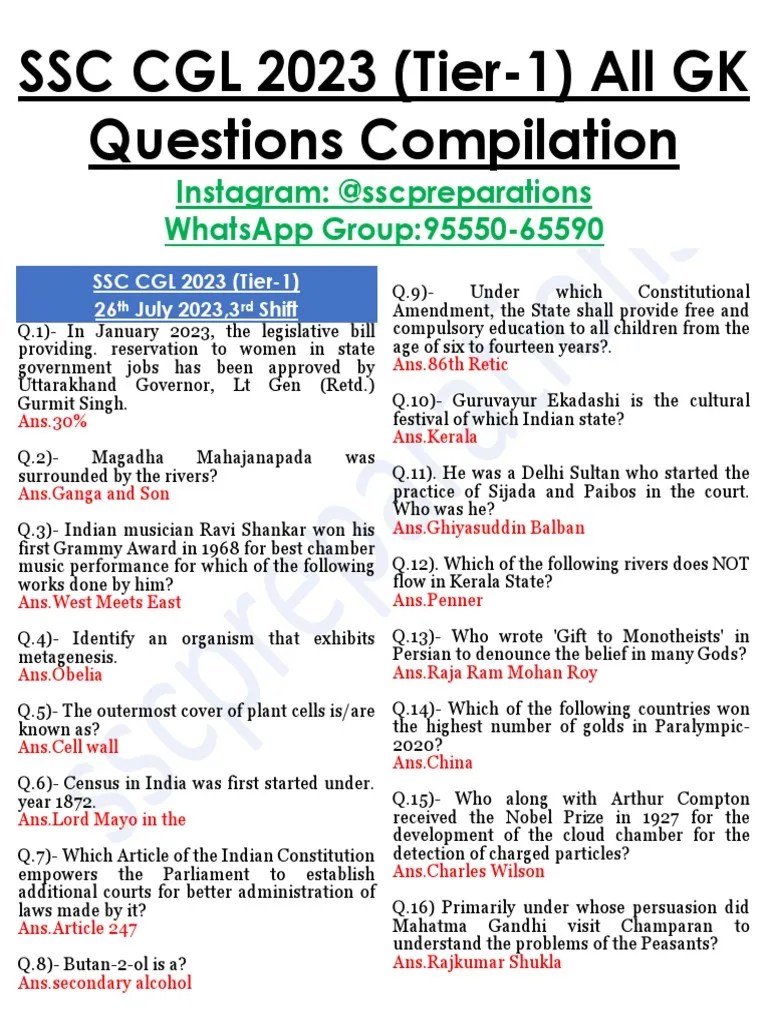 SSC CGL 2023 26th July (Shift-3) All GK Questions | PDF