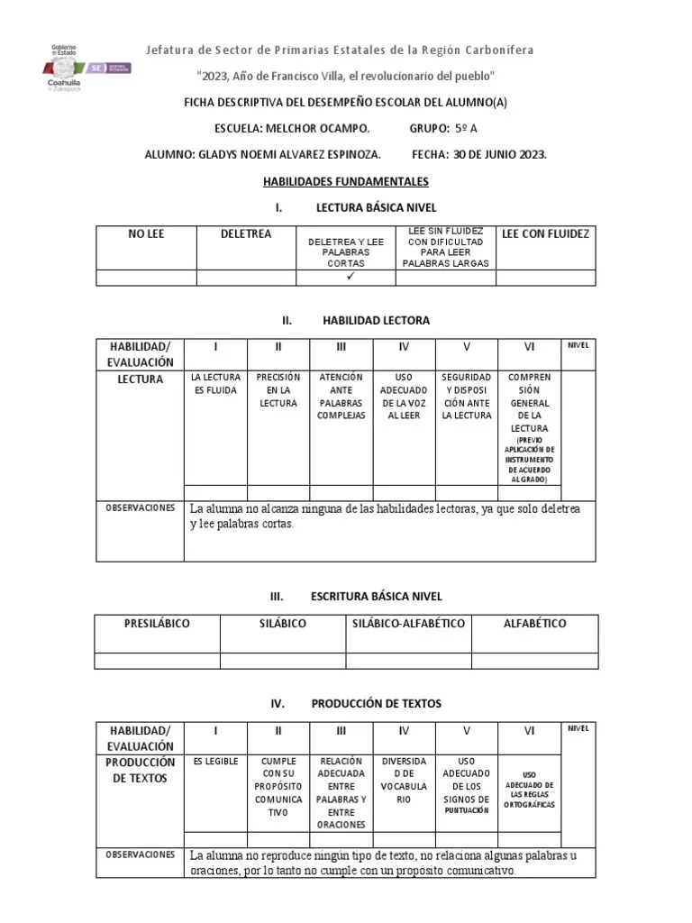 Fichas Descriptivas Alumno Quinto Grado | Descargar Gratis PDF ...